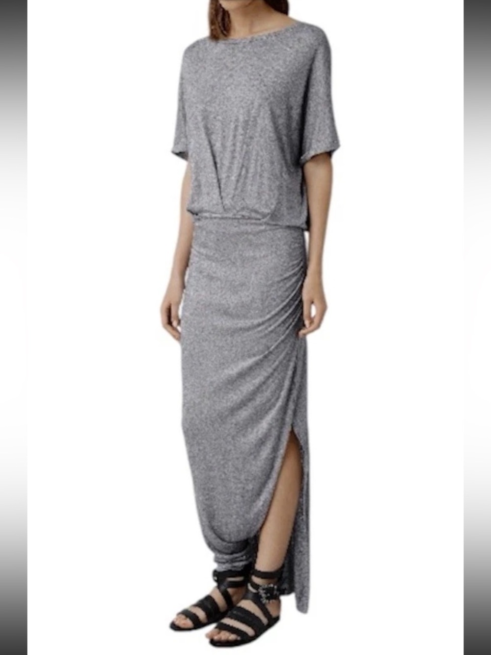 AllSaints Solar Dress Grey Wool Blend Ruched Maxi WD144H Womens Size Small